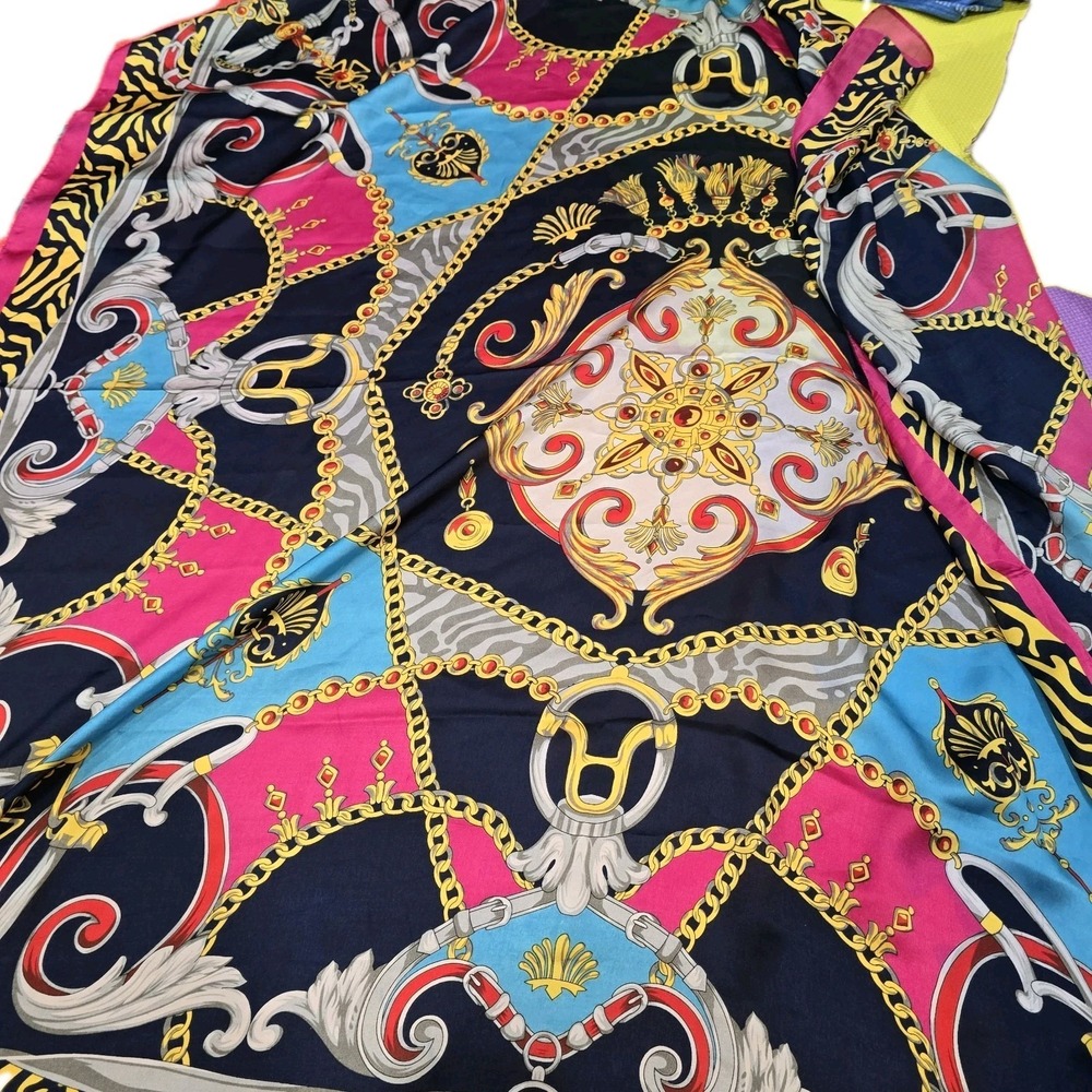 Vibrant‎ Barocco Chain Print Scarf Pink Blue Gold Black Zebra Trim 46" Square